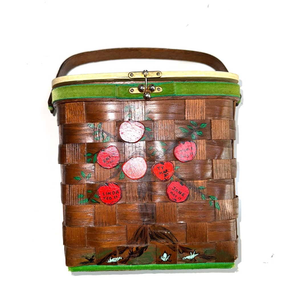 Vintage Wood Wicker Weaved Basket Purse Handed Painted Signed Apples - Picture 2 of 11